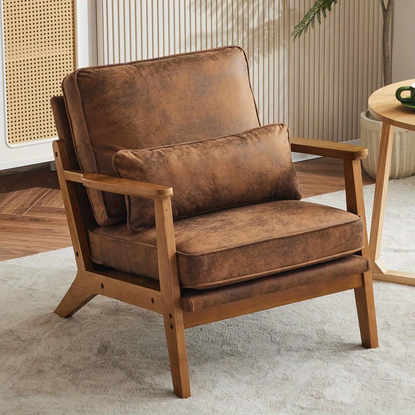 Wide Armrest Armchair Mid-CenturyLounge Chair Accent Chair with Lumbar Pillow & Solid WoodFrame for Living Room, Bedroom, Balcony