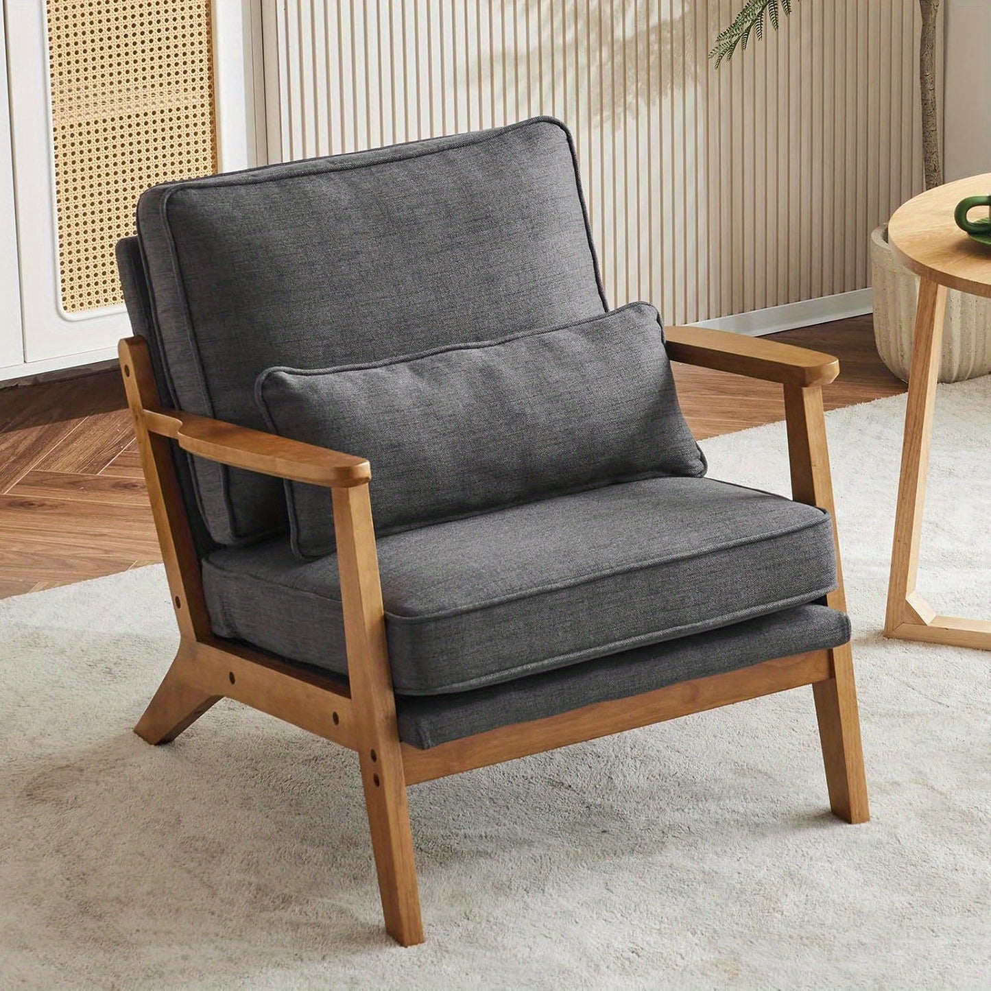 Wide Armrest Armchair Mid-CenturyLounge Chair Accent Chair with Lumbar Pillow & Solid WoodFrame for Living Room, Bedroom, Balcony