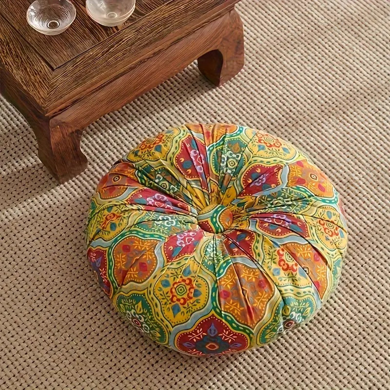 Bohemian Round Cushion Bohemian Ethnic Fabric Round Thick Cushion | Yoga Mat Floor Pillow for Office, Car, Living Room, Home Decor Seat Pad, Meditation Mat