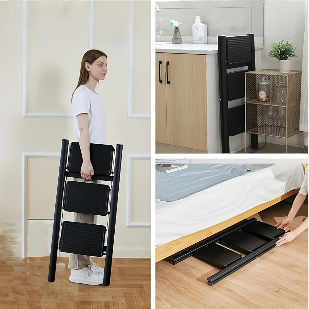 3-Step Ladder Lightweight Folding Step Stools for Adults with Anti-Slip Pedals, Sturdy Steel Construction & Handrails, 330 lbs Capacity, Portable for Kitchen,