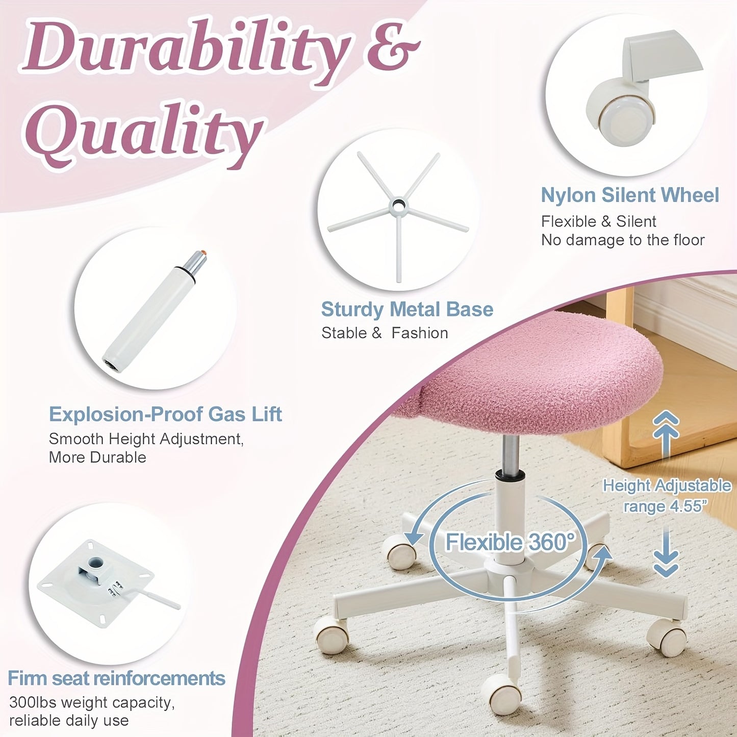 Comfy LEADZM Teddy Adjustable Rolling Swivel Candy Chair - Armless Desk Chair with Lumbar Support and Wheels - Gentle Pink Vanity Chair for Home Office, Bedroom