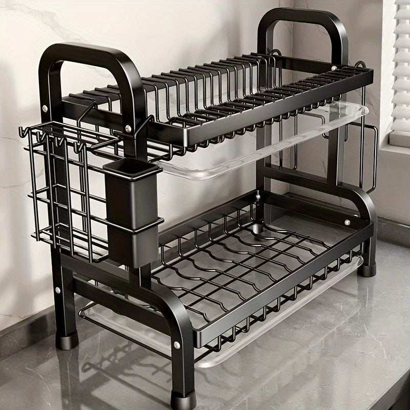Space-Saving Dish Rack 2-Tier Stainless Steel Kitchen Dish Rack | Space-Saving Countertop Storage for Plates, Bowls, Cutlery & Utensils, Includes 2 Plates,