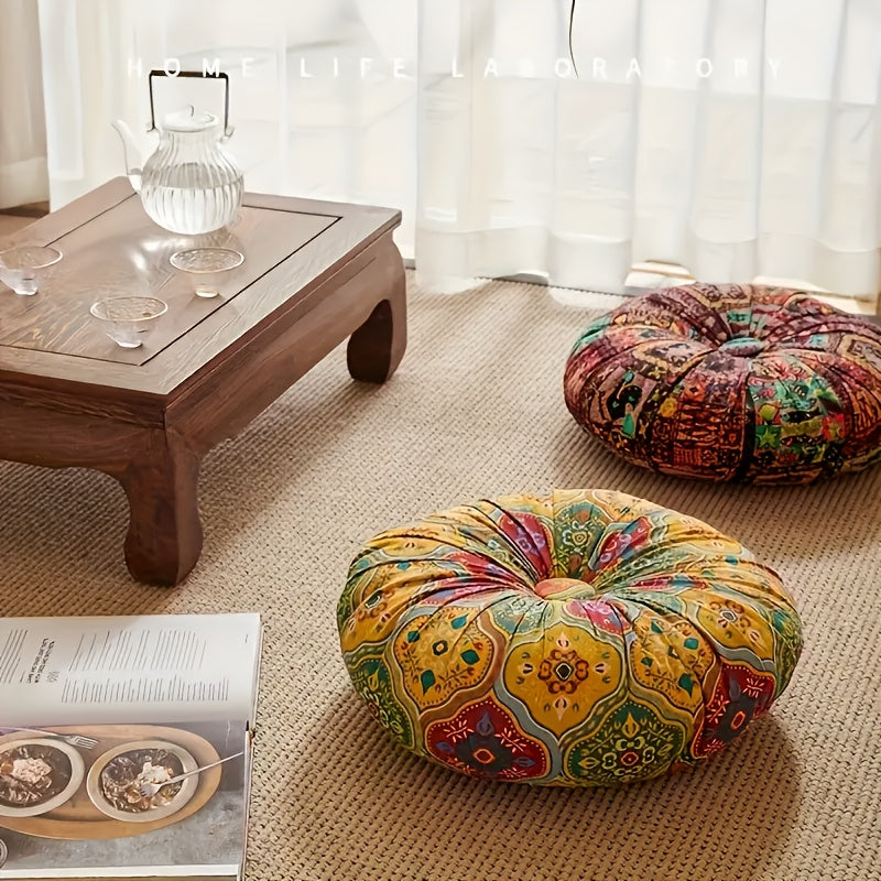 Bohemian Round Cushion Bohemian Ethnic Fabric Round Thick Cushion | Yoga Mat Floor Pillow for Office, Car, Living Room, Home Decor Seat Pad, Meditation Mat