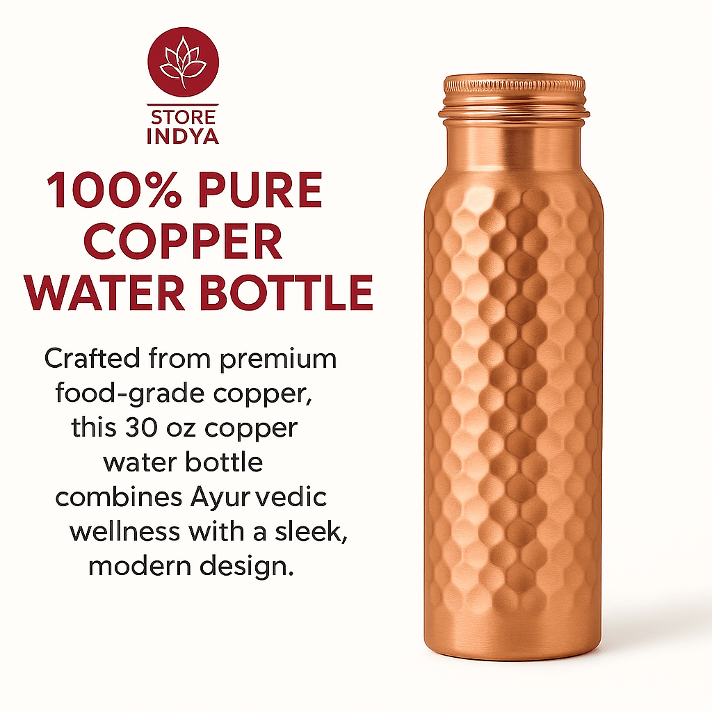 STORE INDYA Copper Water Bottle, 30 Oz, Hammered Ayurvedic Drinking Vessel with Leak-Proof Lid, Smooth Finish, Durable Stylish Design,