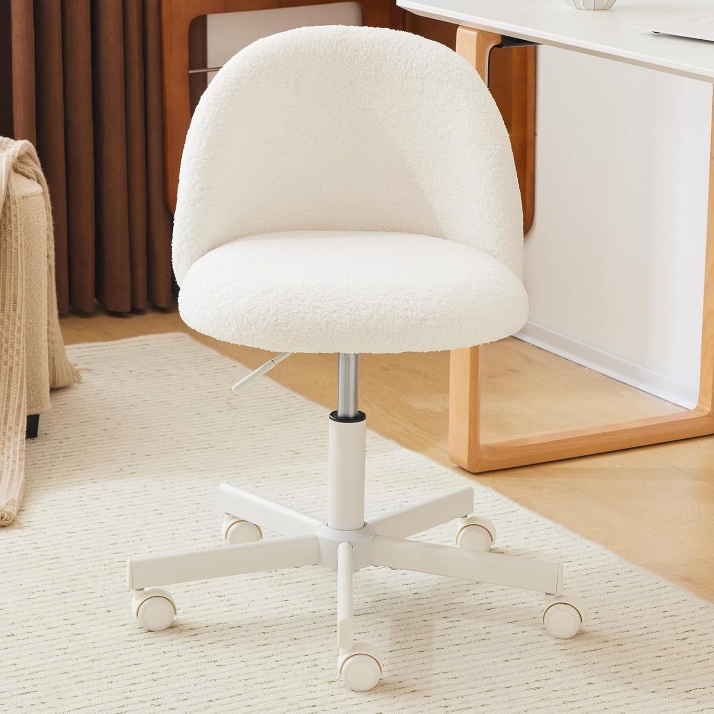 Comfy LEADZM Teddy Adjustable Rolling Swivel Candy Chair - Armless Desk Chair with Lumbar Support and Wheels - Gentle Pink Vanity Chair for Home Office, Bedroom