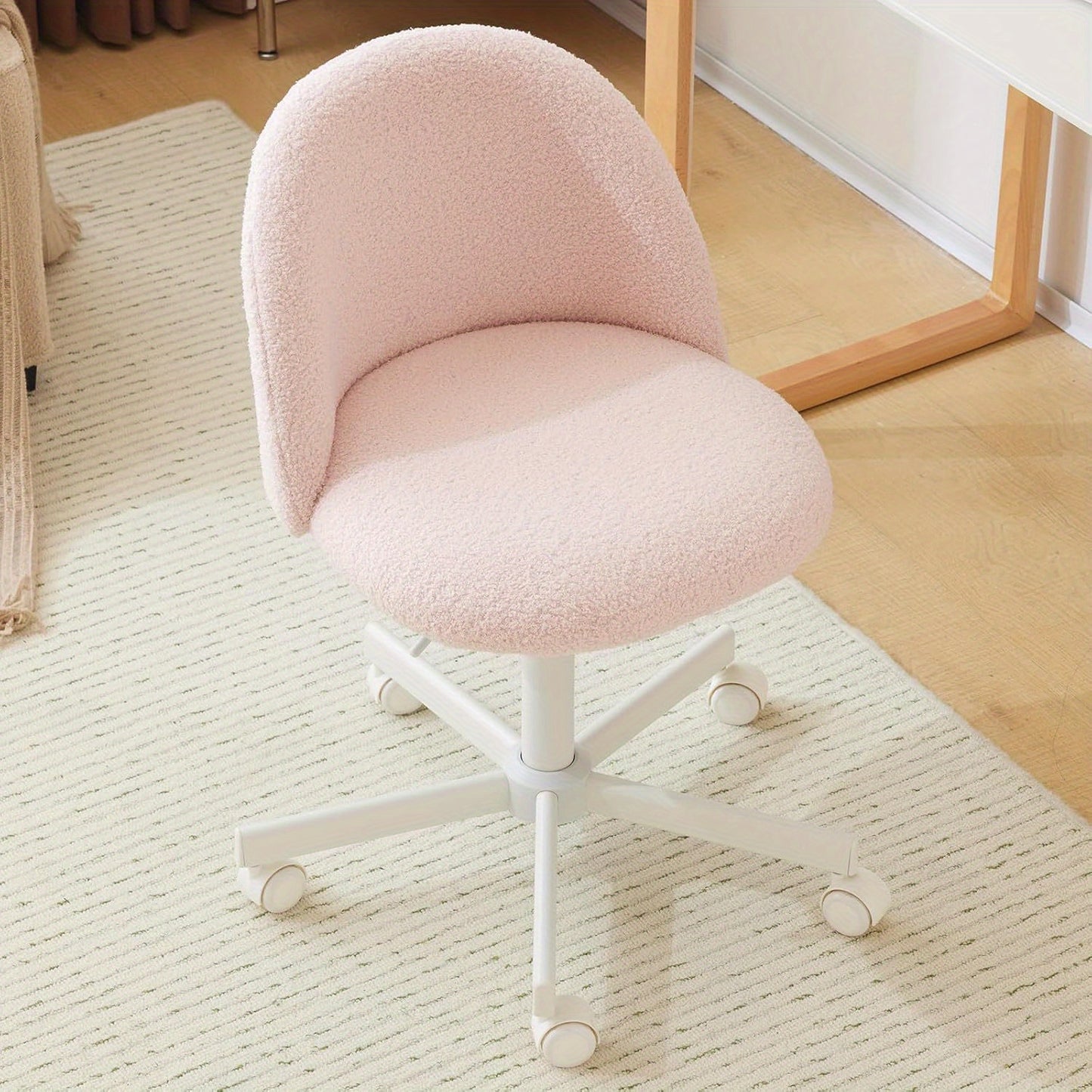 Comfy LEADZM Teddy Adjustable Rolling Swivel Candy Chair - Armless Desk Chair with Lumbar Support and Wheels - Gentle Pink Vanity Chair for Home Office, Bedroom