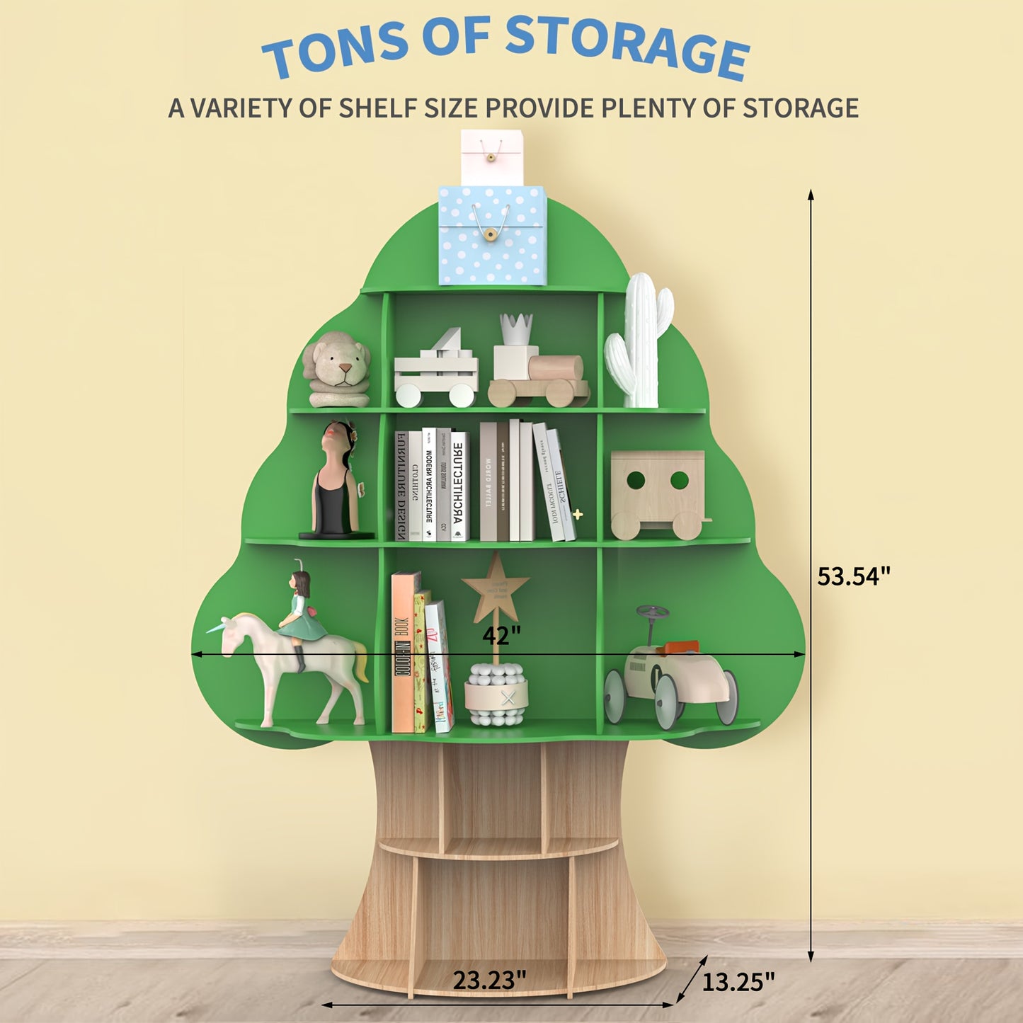 Tree Bookshelf, Wood Bookcase, 16-Cubby Storage Organizer Book Shelf for Bedroom, Living Room, Classroom, Boy Girl's Gift (Green Tree)