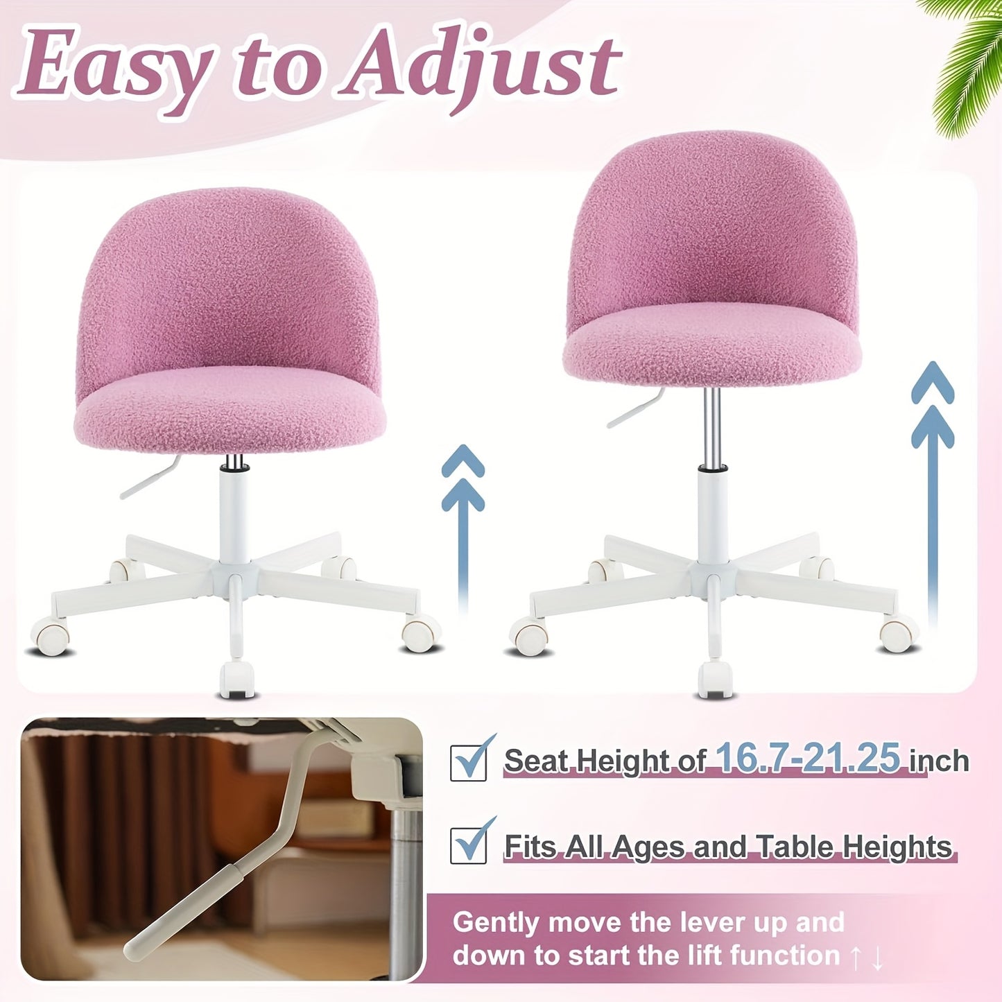 Comfy LEADZM Teddy Adjustable Rolling Swivel Candy Chair - Armless Desk Chair with Lumbar Support and Wheels - Gentle Pink Vanity Chair for Home Office, Bedroom
