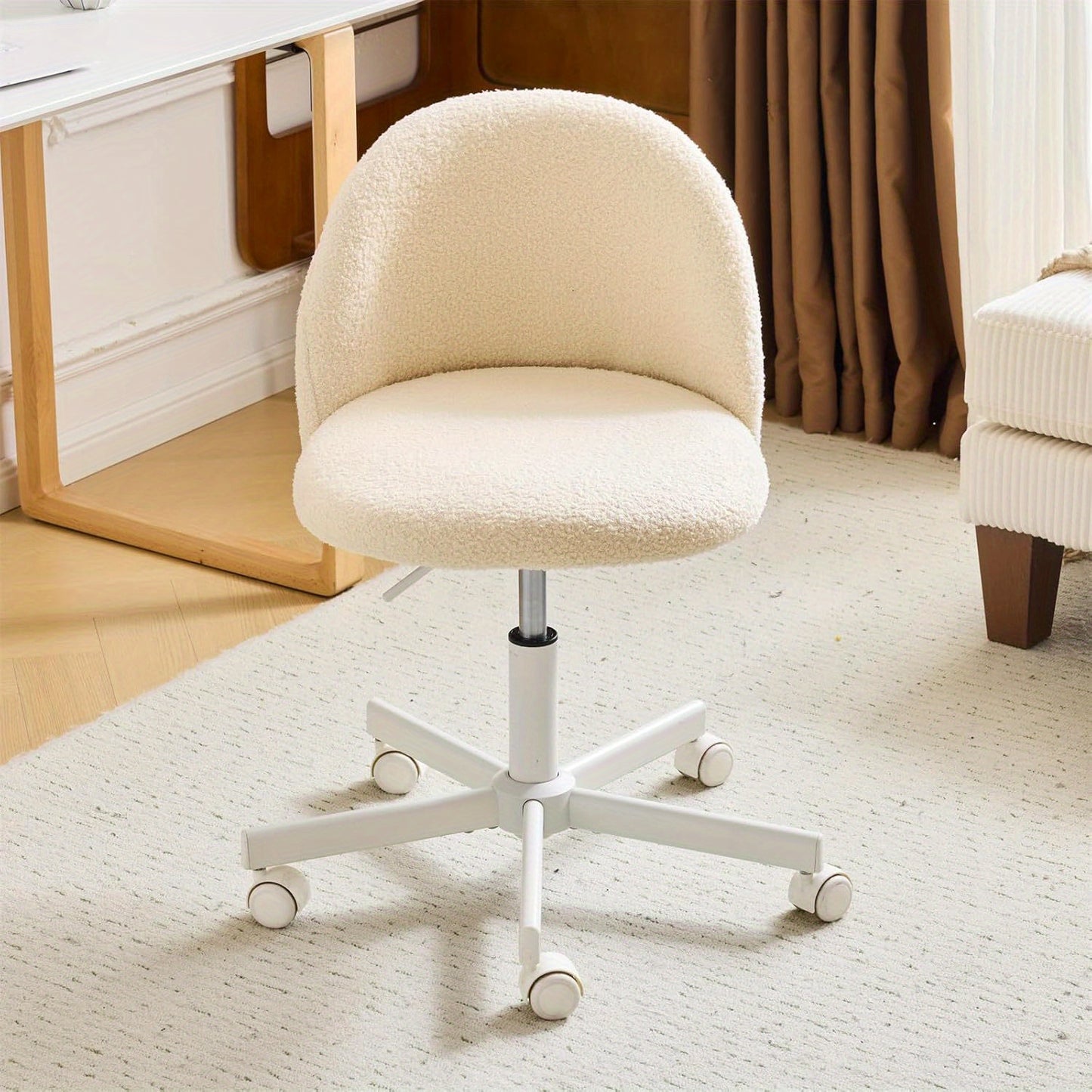 Comfy LEADZM Teddy Adjustable Rolling Swivel Candy Chair - Armless Desk Chair with Lumbar Support and Wheels - Gentle Pink Vanity Chair for Home Office, Bedroom