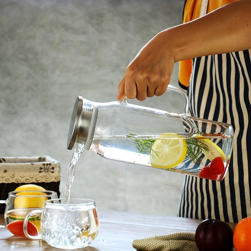 Faridabio 50.72oz Heat-Resistant High Borosilicate Glass Pitcher with Stainless Steel Lid - Perfect for Iced Tea, Cold Drinks & Juice - Easy to Use, Cold Beverage Maker,