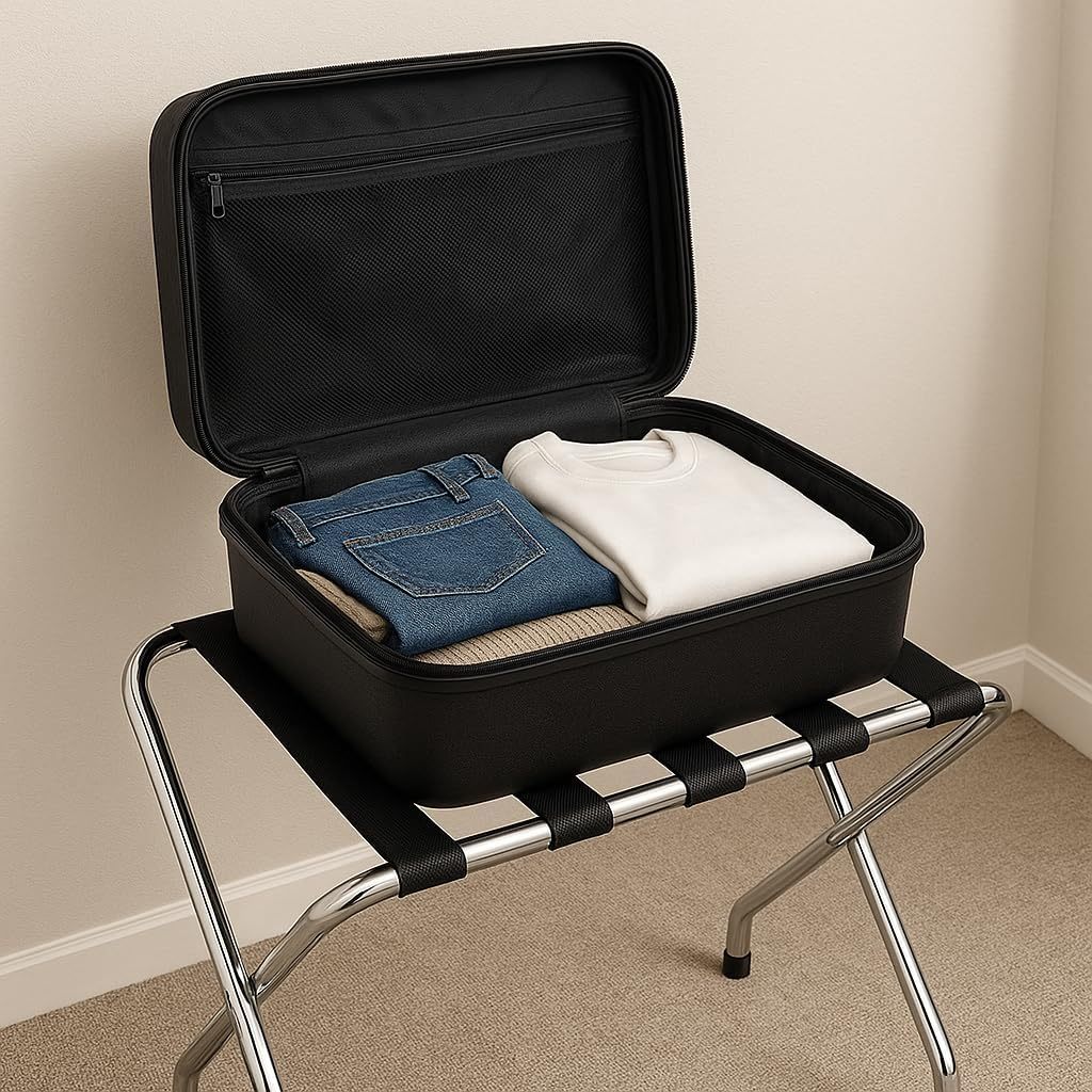 Folding Luggage Rack, Single Tier Metal Stand with Nylon Straps, Chrome Finish with Rubber Feet, Pack of 10