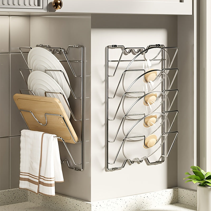 1pc Heavy-Duty Stainless Steel Pot Lid & Pan Organizer - Space-Saving Vertical Kitchen Rack, Wall-Mounted Cabinet Shelf for Home or Restaurant - Easy Installation,