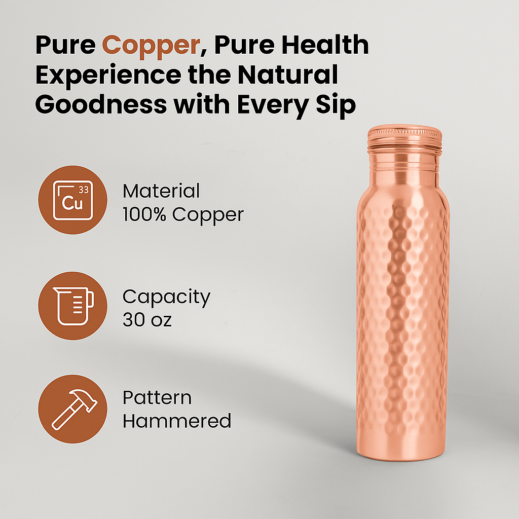 STORE INDYA Copper Water Bottle, 30 Oz, Hammered Ayurvedic Drinking Vessel with Leak-Proof Lid, Smooth Finish, Durable Stylish Design,