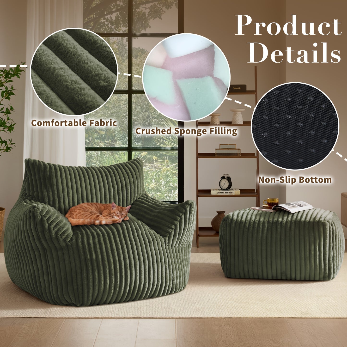 Living&Giving Oversize Bean Bag Chair, Modern Comfy Corduroy Fabric Fireside Chair Lazy Floor Sofa Armless Lounge Chair,