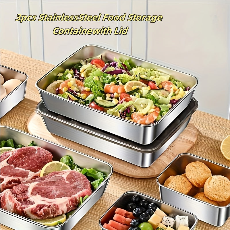 3pcs Stainless Steel Food Storage Containers Leak-Proof, Stackable, Space-Saving - Heavy-Duty Stainless Steel Construction, Airtight Lid for Freshness - Ideal for Meal Prep,