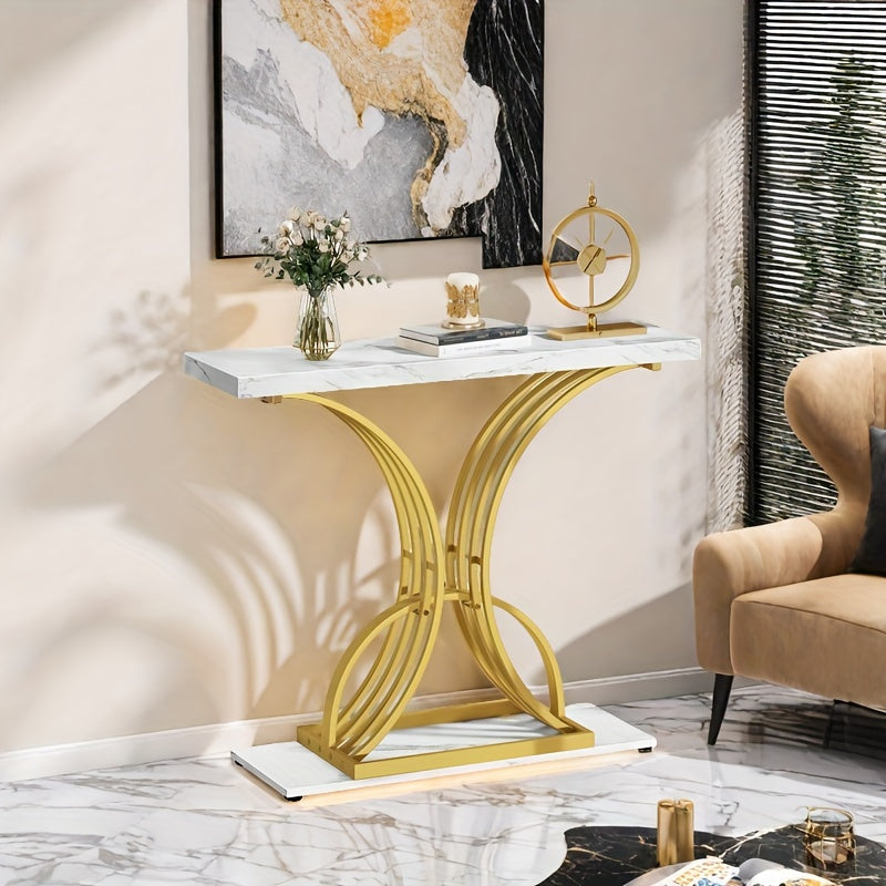 Roadrix Luxurious Golden Console Table, 40-Inch Modern Entryway Narrow Sofa Table, Faux Marble White\u002FBlack Top,