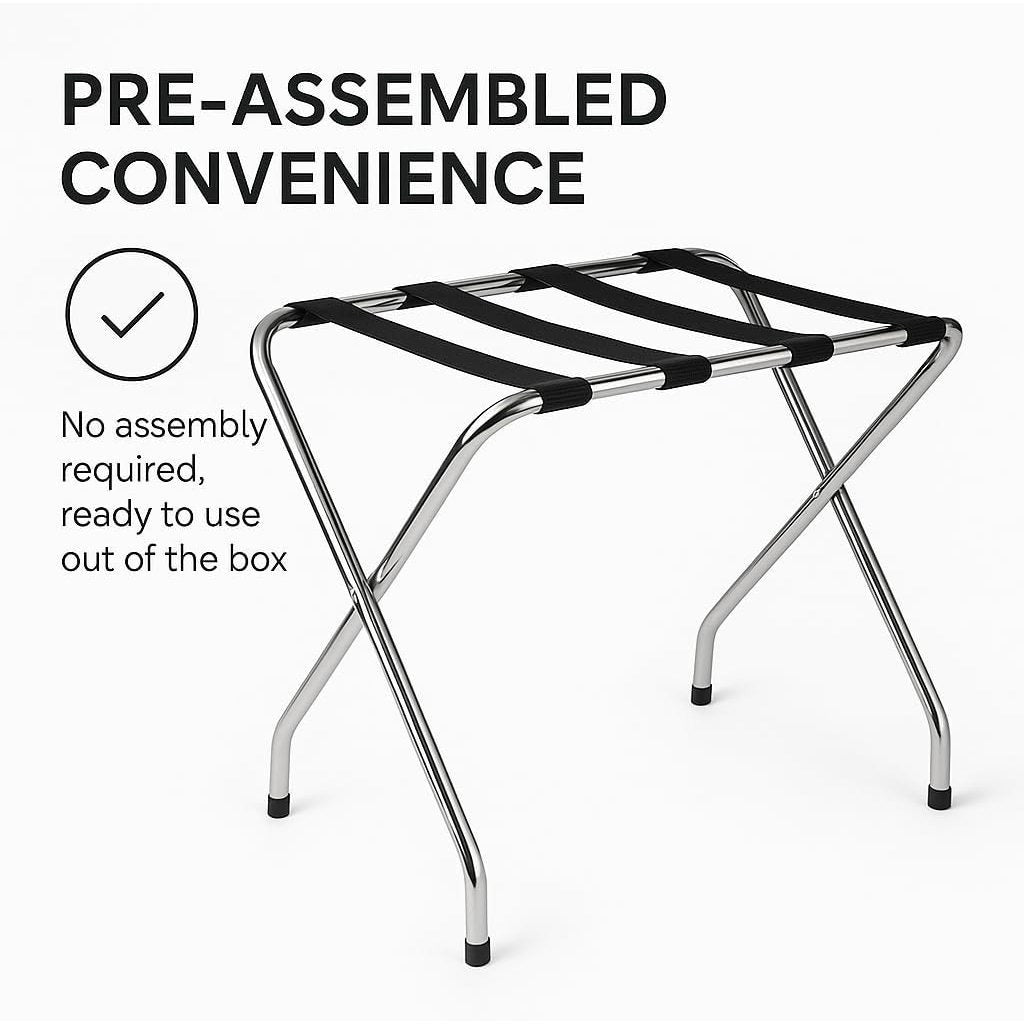Folding Luggage Rack, Single Tier Metal Stand with Nylon Straps, Chrome Finish with Rubber Feet, Pack of 10