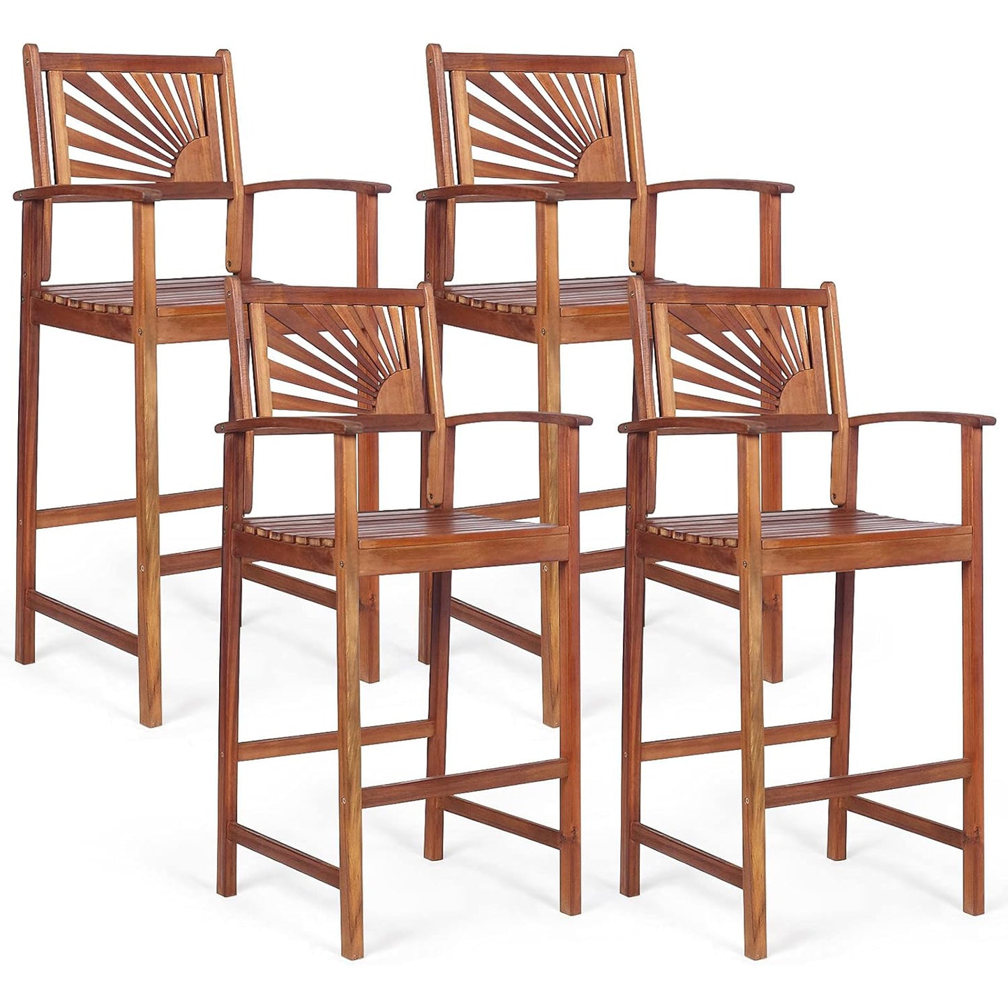 Costway Bar Stools Set of 2\u002FSet of 4, Outdoor Acacia Wood Bar Chairs with Sunflower Backrest, Curved Armrests & Breathable Seat, Ideal for Balcony, Sunroom,