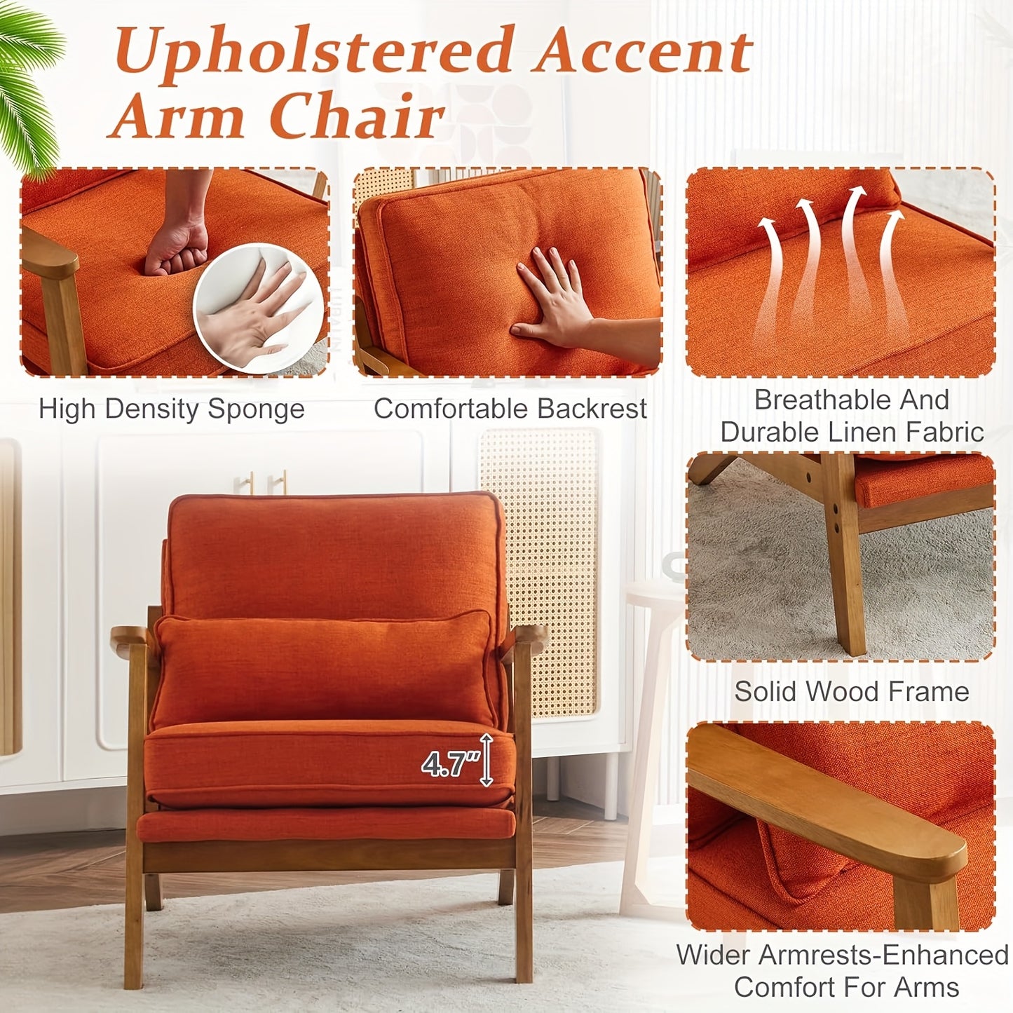 Wide Armrest Armchair Mid-CenturyLounge Chair Accent Chair with Lumbar Pillow & Solid WoodFrame for Living Room, Bedroom, Balcony