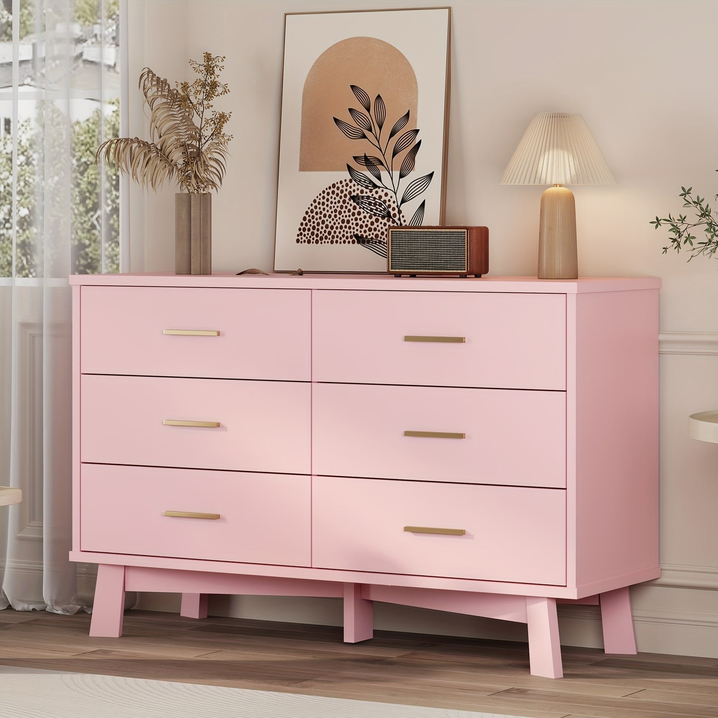 Wood Double Dresser 6 Drawer Double Dresser - Wood Chest of Drawers for Bedroom, Living Room, Hallway - TV Stand Storage Cabinet