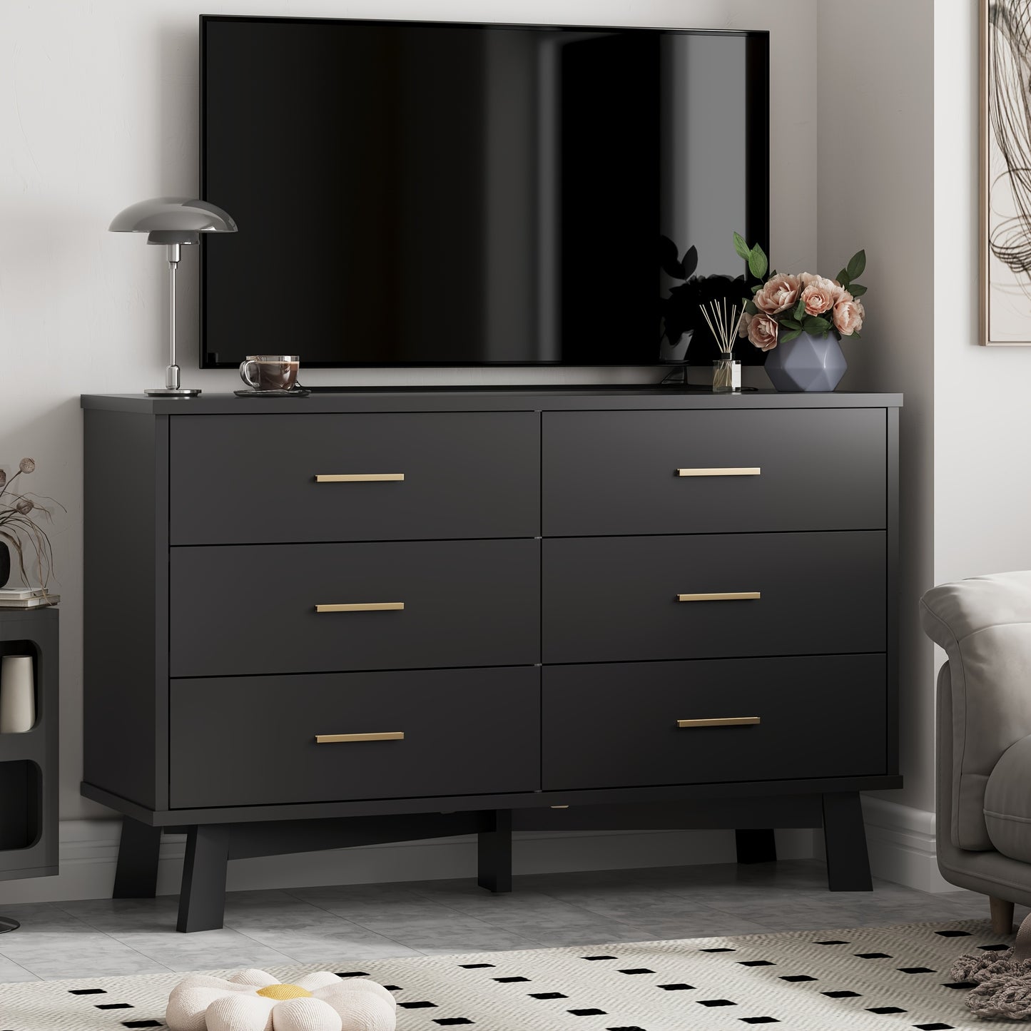 Wood Double Dresser 6 Drawer Double Dresser - Wood Chest of Drawers for Bedroom, Living Room, Hallway - TV Stand Storage Cabinet