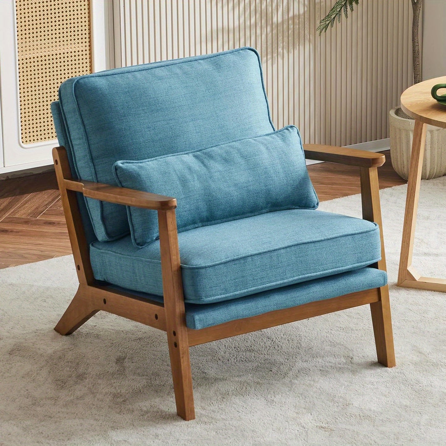 Wide Armrest Armchair Mid-CenturyLounge Chair Accent Chair with Lumbar Pillow & Solid WoodFrame for Living Room, Bedroom, Balcony