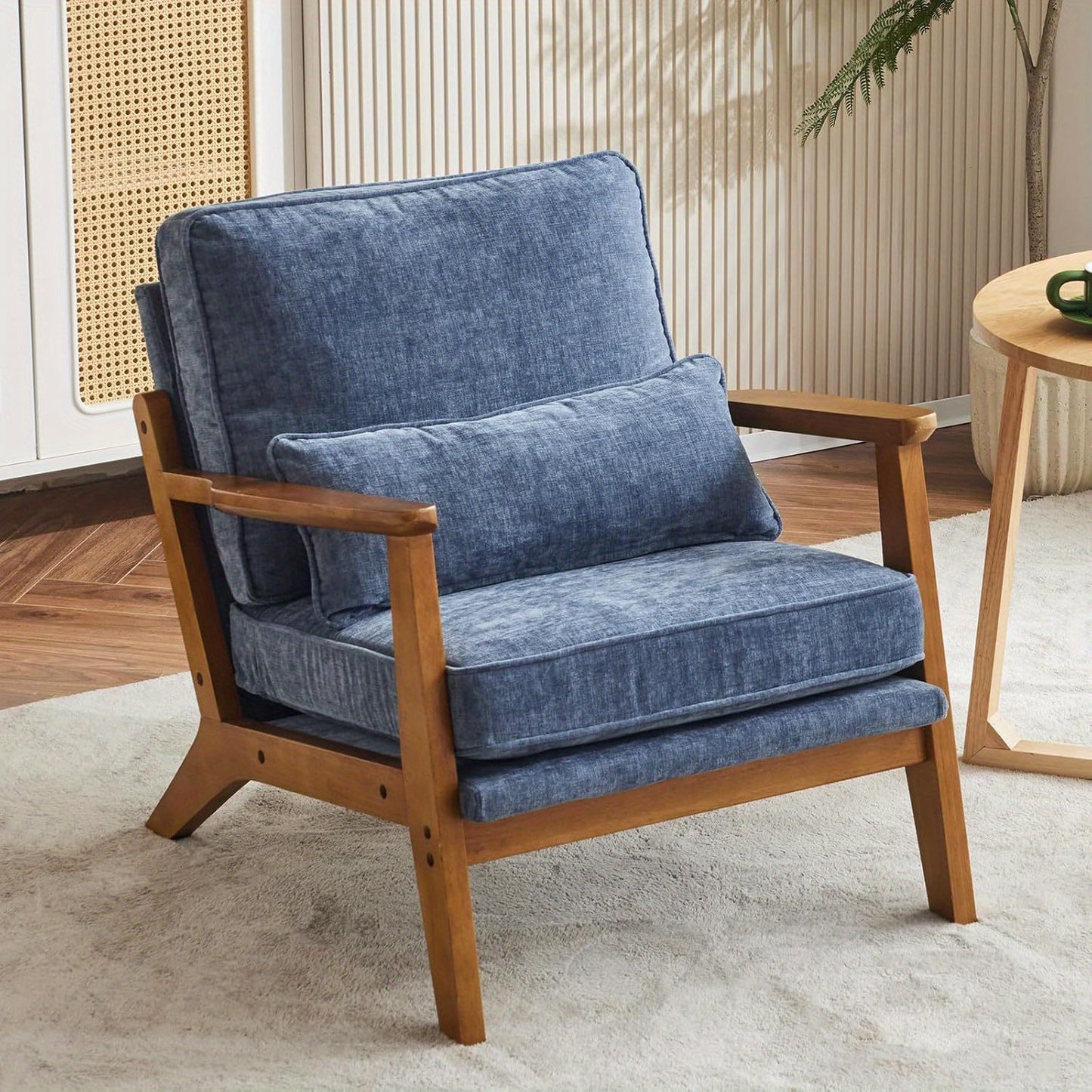 Wide Armrest Armchair Mid-CenturyLounge Chair Accent Chair with Lumbar Pillow & Solid WoodFrame for Living Room, Bedroom, Balcony