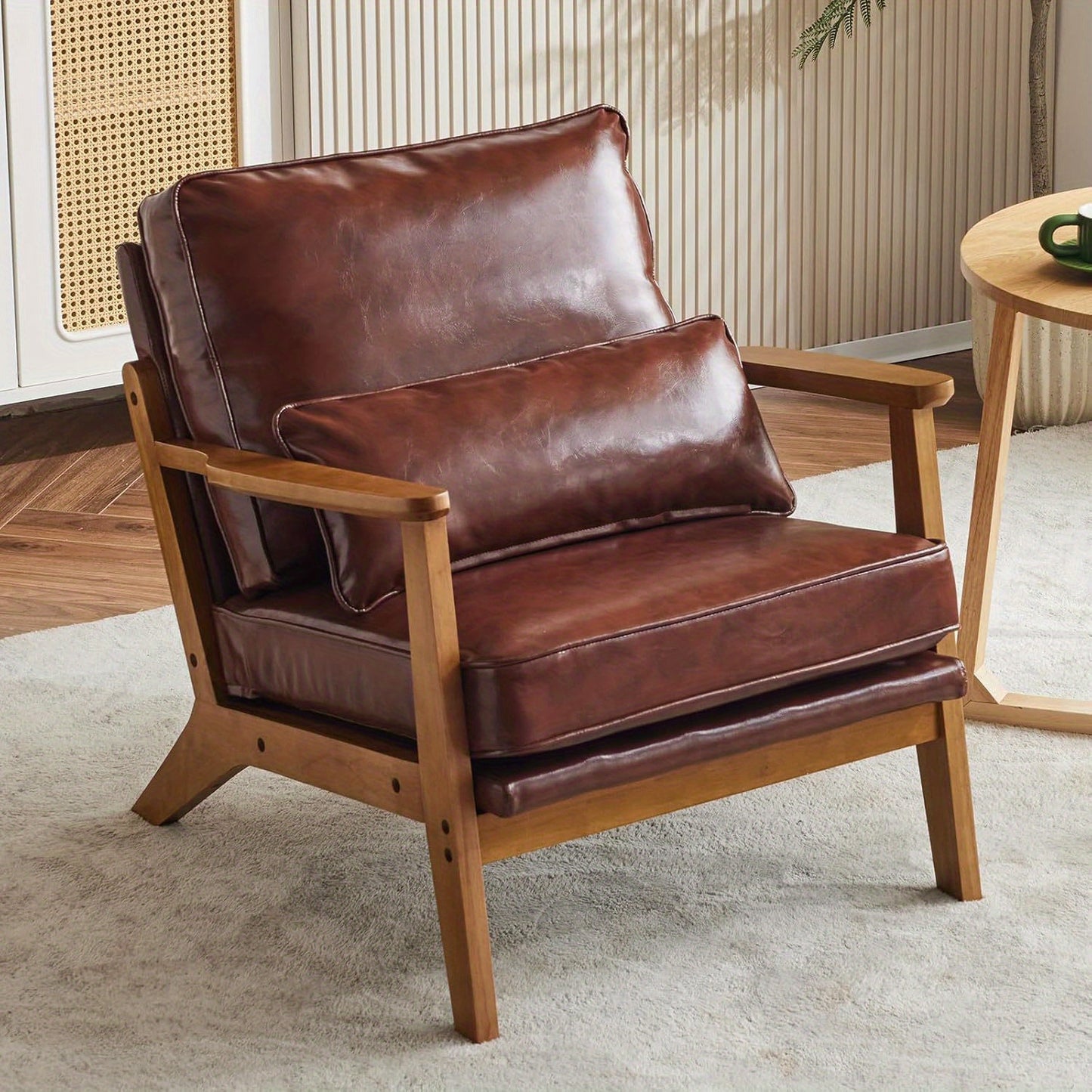 Wide Armrest Armchair Mid-CenturyLounge Chair Accent Chair with Lumbar Pillow & Solid WoodFrame for Living Room, Bedroom, Balcony