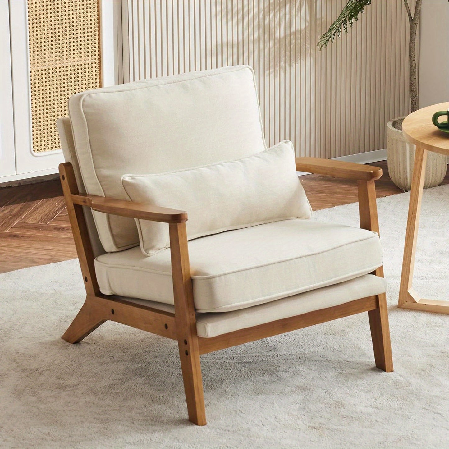 Wide Armrest Armchair Mid-CenturyLounge Chair Accent Chair with Lumbar Pillow & Solid WoodFrame for Living Room, Bedroom, Balcony