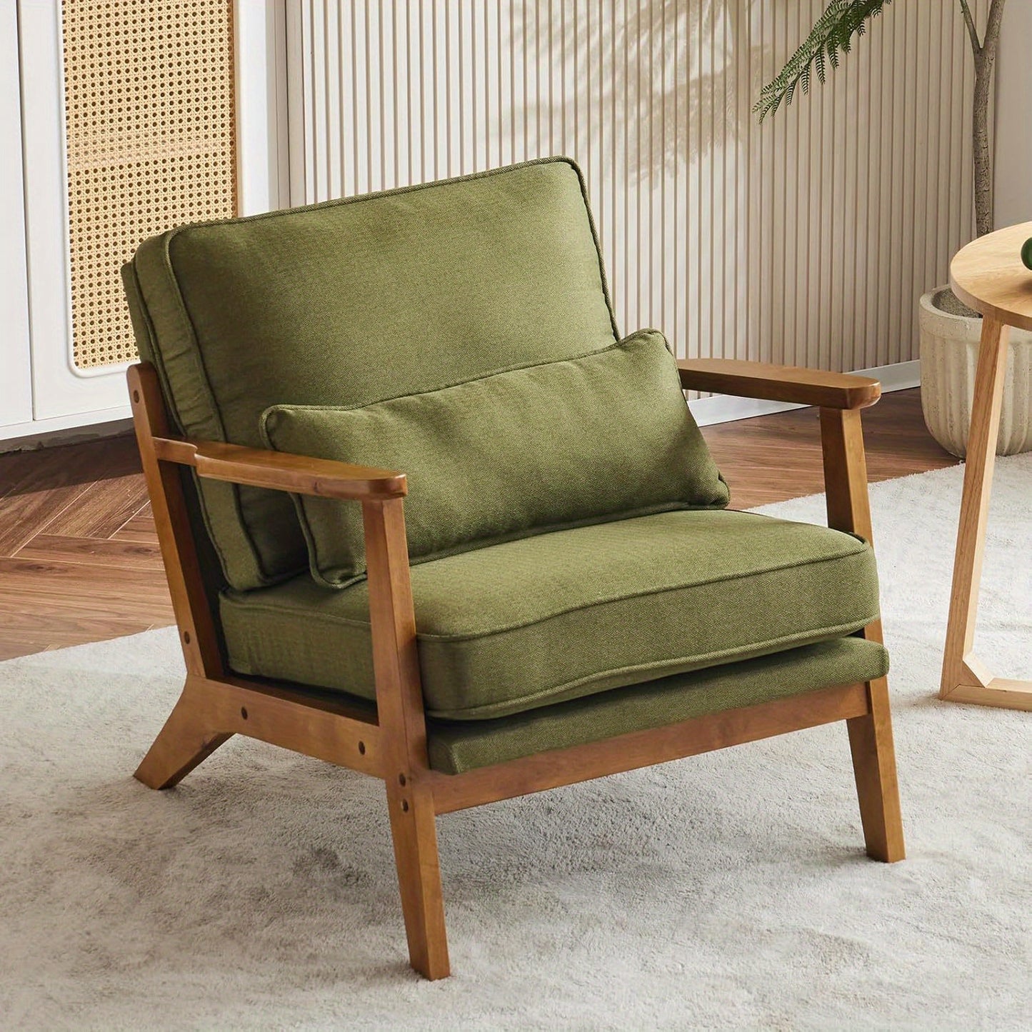 Wide Armrest Armchair Mid-CenturyLounge Chair Accent Chair with Lumbar Pillow & Solid WoodFrame for Living Room, Bedroom, Balcony
