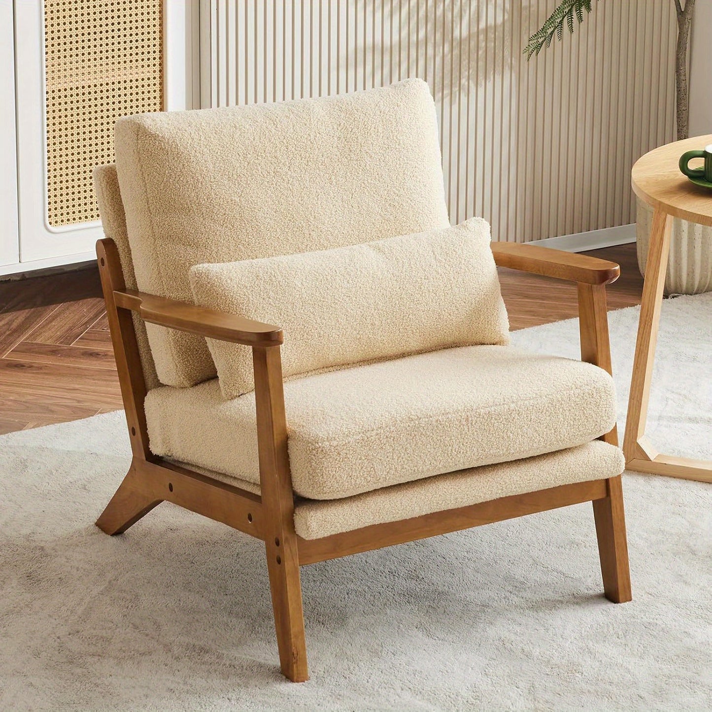 Wide Armrest Armchair Mid-CenturyLounge Chair Accent Chair with Lumbar Pillow & Solid WoodFrame for Living Room, Bedroom, Balcony