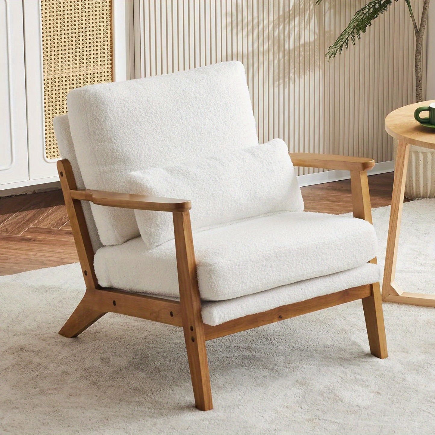 Wide Armrest Armchair Mid-CenturyLounge Chair Accent Chair with Lumbar Pillow & Solid WoodFrame for Living Room, Bedroom, Balcony