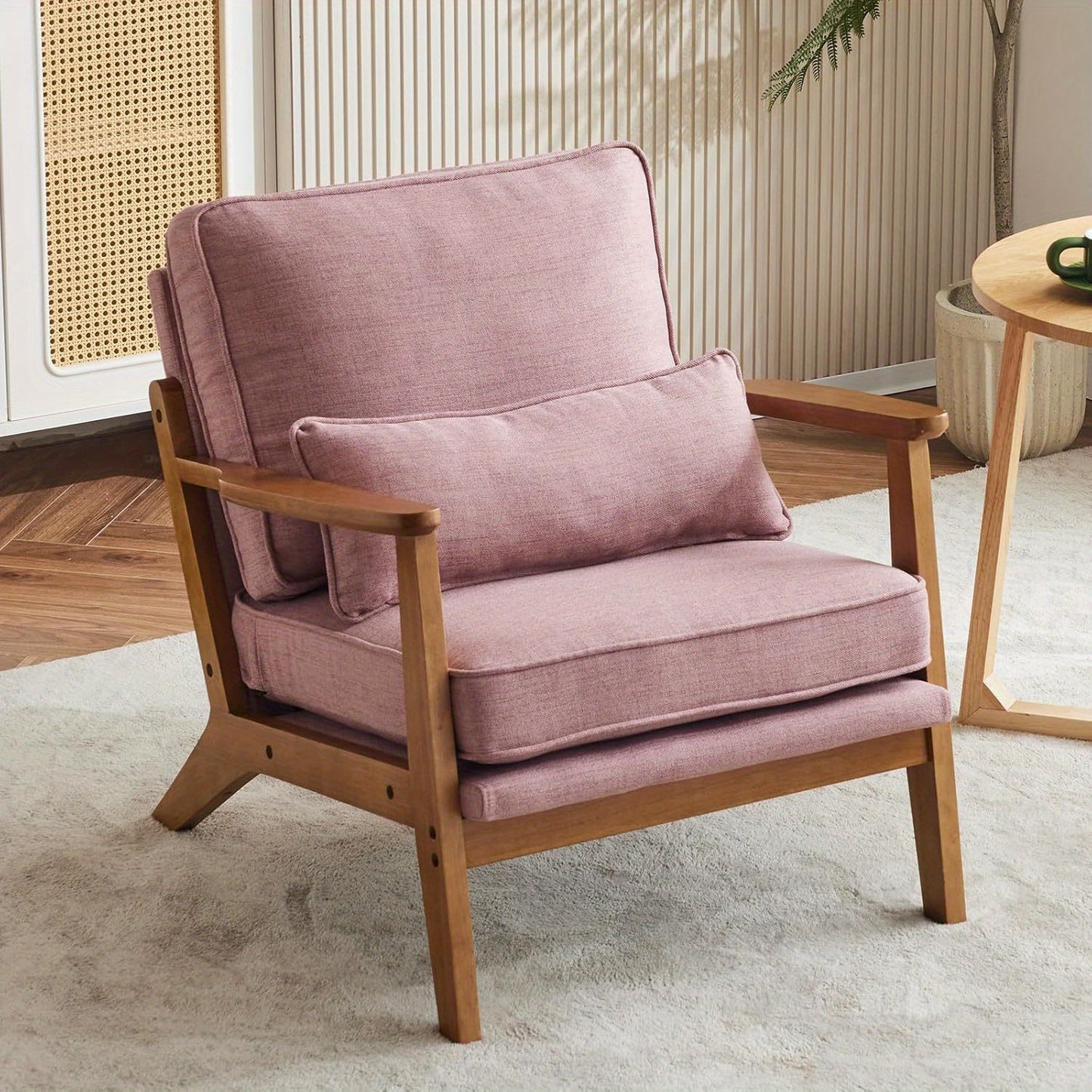 Wide Armrest Armchair Mid-CenturyLounge Chair Accent Chair with Lumbar Pillow & Solid WoodFrame for Living Room, Bedroom, Balcony