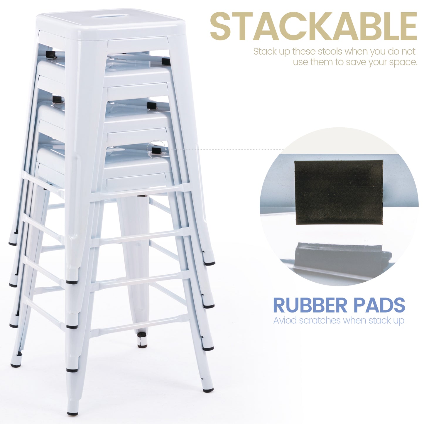 Vogue Furniture Direct White 24 Inch Metal Bar Stools Counter Height Barstools Modern Backless Stackable Metal Indoor\u002FOutdoor Bar Stools Kitchen Counter