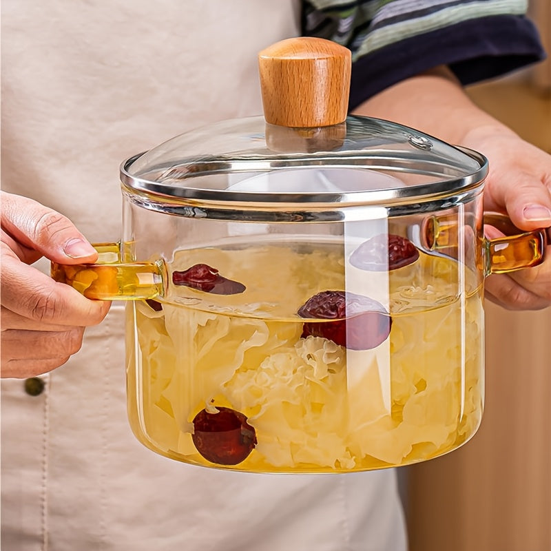 Heat-resistant Glass Cookware Heat-resistant 54oz Borosilicate Glass Cookware with Yellow Handles | Transparent Soup Porridge Pot Suitable for Stovetop and Oven