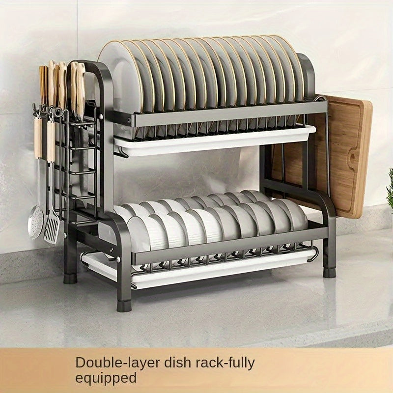 Space-Saving Dish Rack 2-Tier Stainless Steel Kitchen Dish Rack | Space-Saving Countertop Storage for Plates, Bowls, Cutlery & Utensils, Includes 2 Plates,