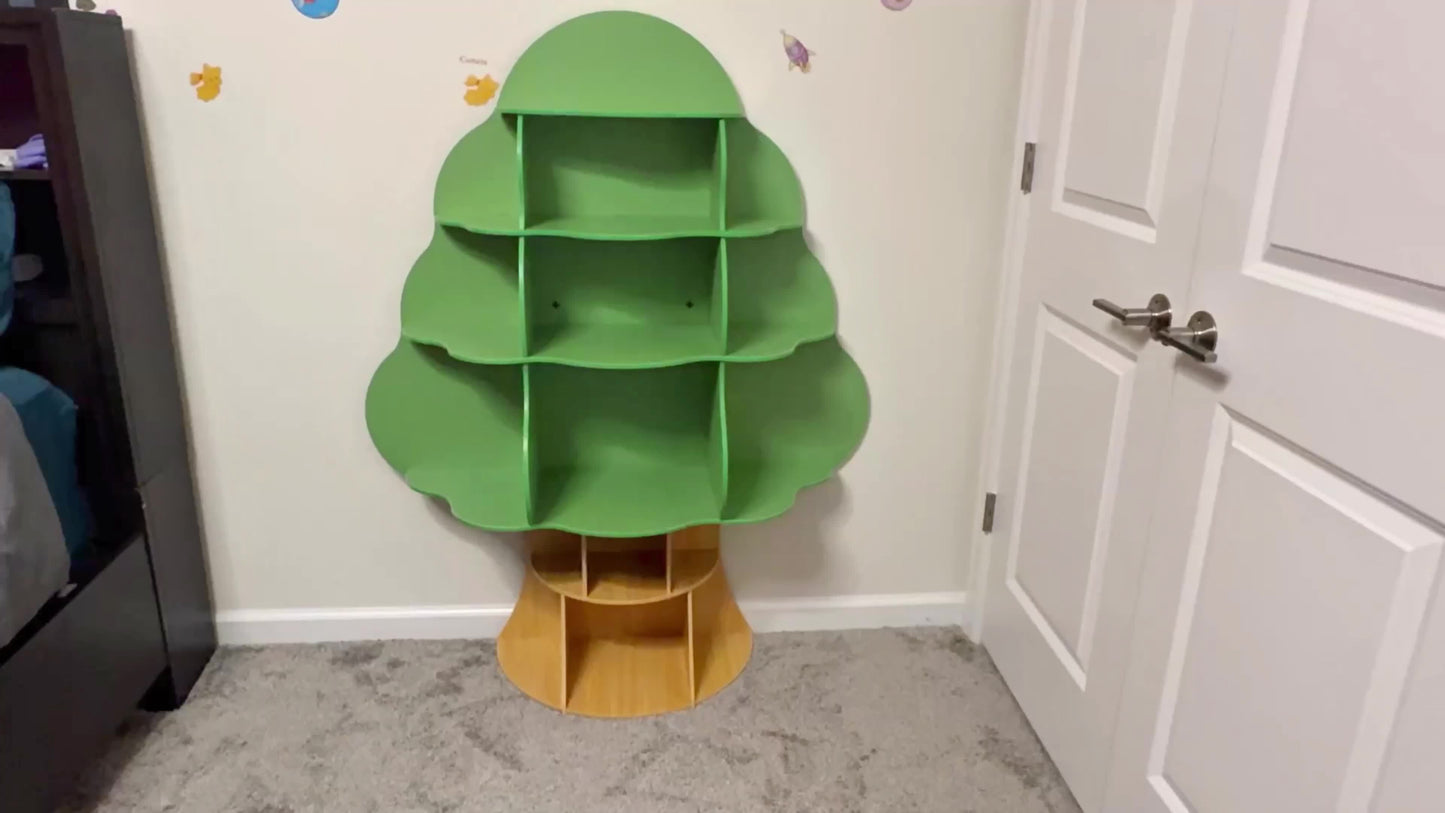 Tree Bookshelf, Wood Bookcase, 16-Cubby Storage Organizer Book Shelf for Bedroom, Living Room, Classroom, Boy Girl's Gift (Green Tree)