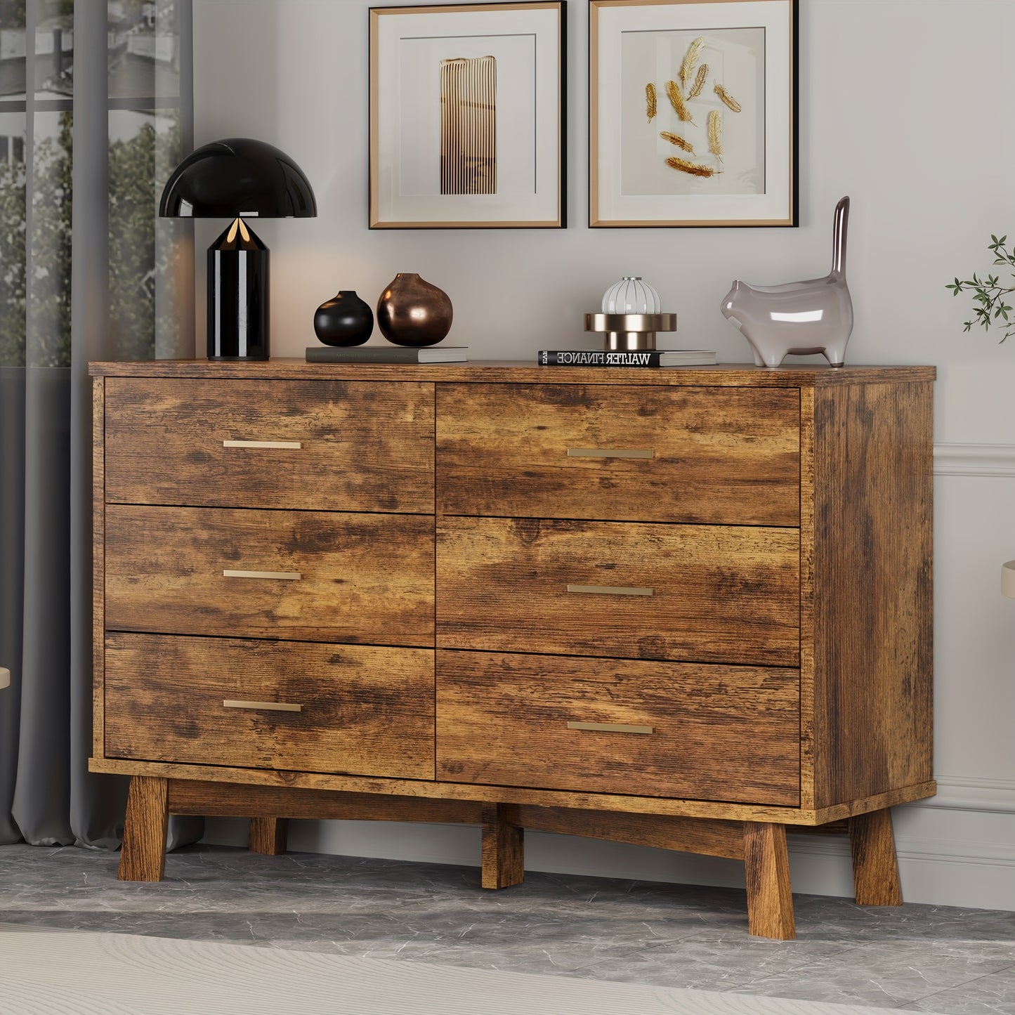 Wood Double Dresser 6 Drawer Double Dresser - Wood Chest of Drawers for Bedroom, Living Room, Hallway - TV Stand Storage Cabinet