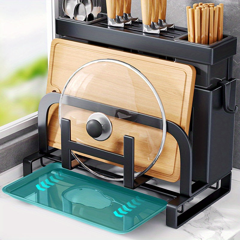 Stainless Steel Kitchen Organizer - Multi-Functional Storage Rack for Knives, Chopsticks, Cutting Boards & Pot Lids