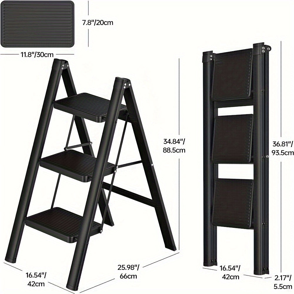 3-Step Ladder Lightweight Folding Step Stools for Adults with Anti-Slip Pedals, Sturdy Steel Construction & Handrails, 330 lbs Capacity, Portable for Kitchen,