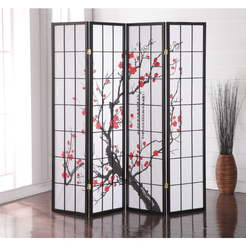 Room Divider, Folding Screen, Privacy Screen, Japanese Style 4-Panel Partition with Plum Blossom Design, Decorative Room Divider for Bedroom, Living Room,