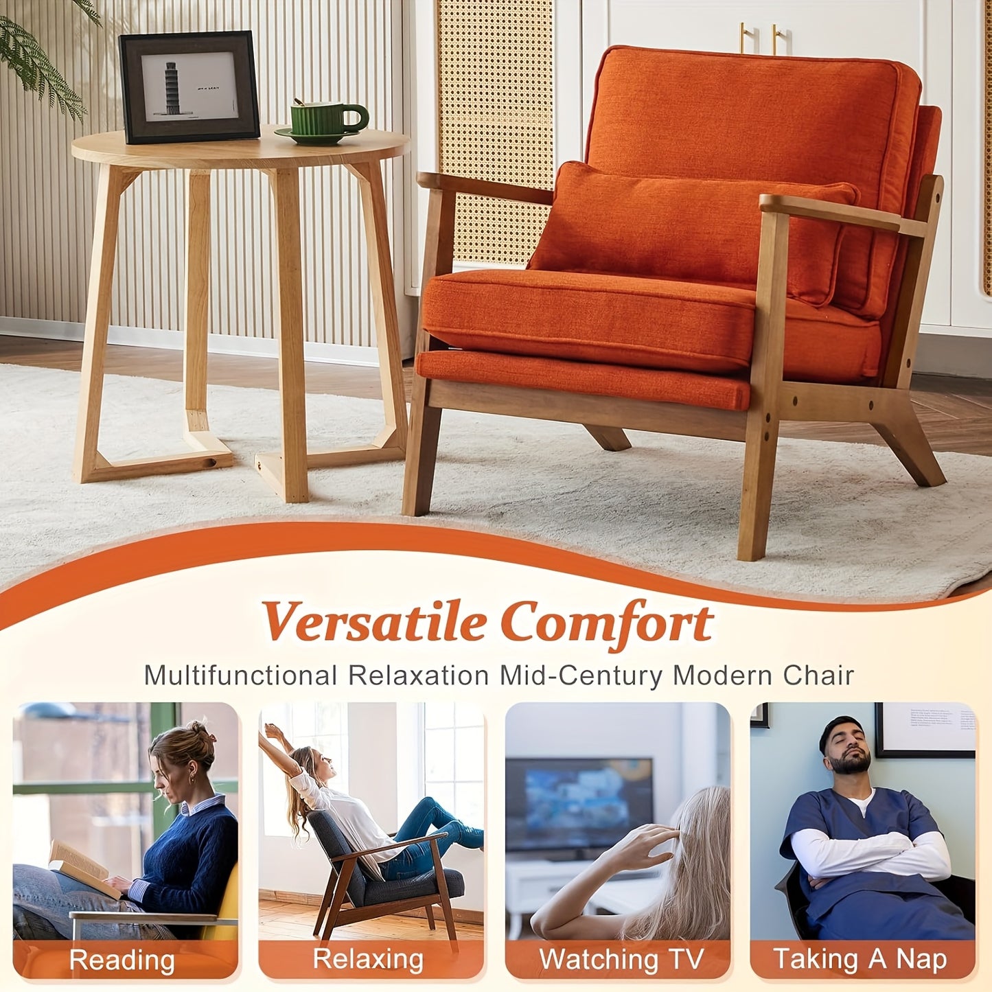 Wide Armrest Armchair Mid-CenturyLounge Chair Accent Chair with Lumbar Pillow & Solid WoodFrame for Living Room, Bedroom, Balcony