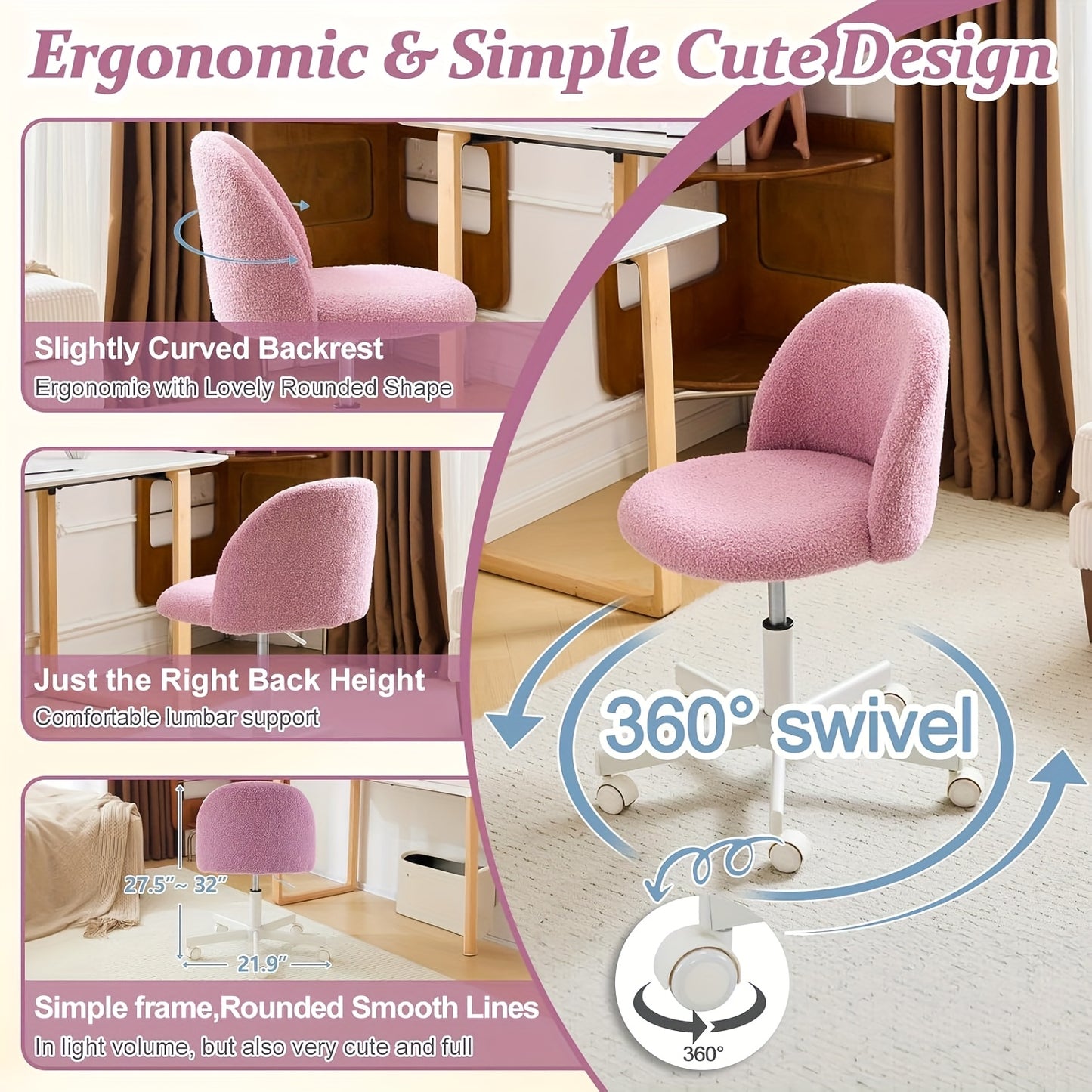 Comfy LEADZM Teddy Adjustable Rolling Swivel Candy Chair - Armless Desk Chair with Lumbar Support and Wheels - Gentle Pink Vanity Chair for Home Office, Bedroom