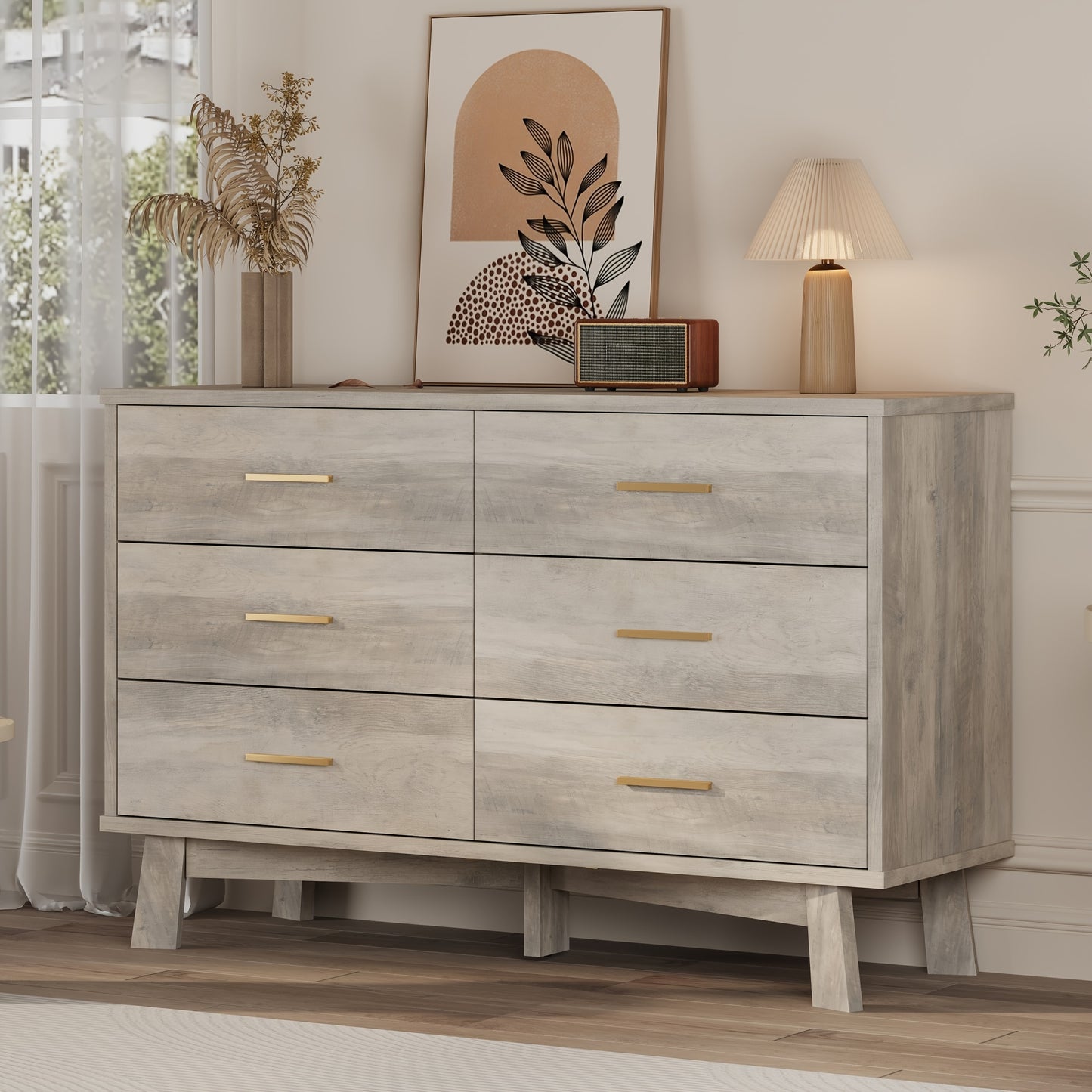 Wood Double Dresser 6 Drawer Double Dresser - Wood Chest of Drawers for Bedroom, Living Room, Hallway - TV Stand Storage Cabinet