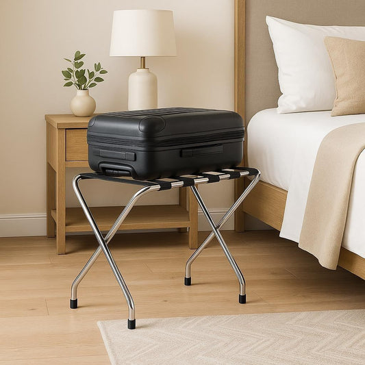 Folding Luggage Rack, Single Tier Metal Stand with Nylon Straps, Chrome Finish with Rubber Feet, Pack of 10