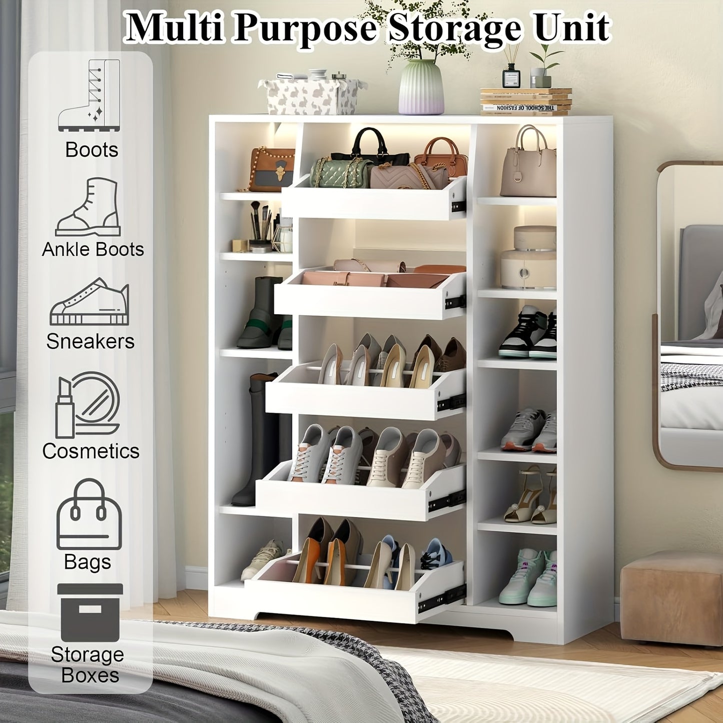 Shoe Storage Cabinet With 5 Drawers & 12 Shelves, Modern LED Shoe Rack & Handbag Storage Cabinet, Space-Saving, Freestanding Shoes And Handbag Storage