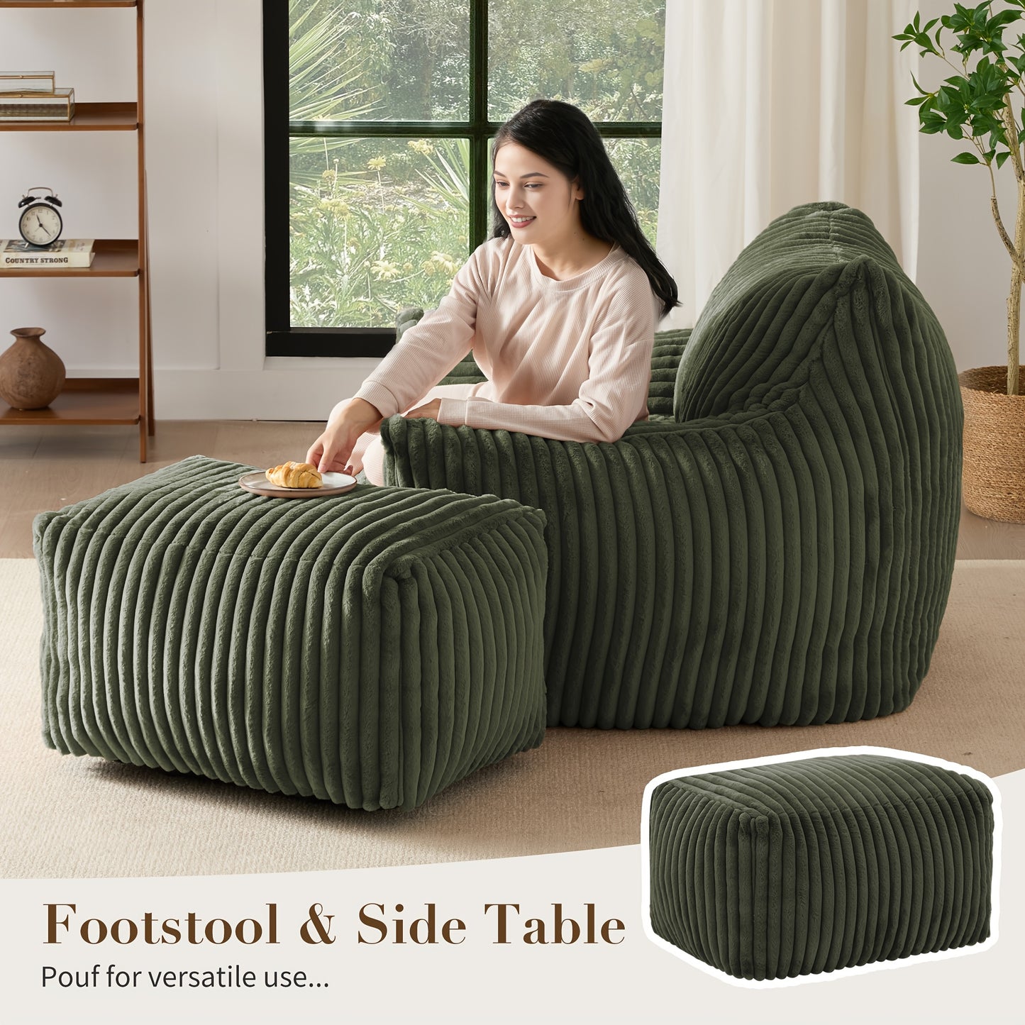 Living&Giving Oversize Bean Bag Chair, Modern Comfy Corduroy Fabric Fireside Chair Lazy Floor Sofa Armless Lounge Chair,