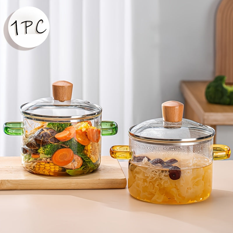 Heat-resistant Glass Cookware Heat-resistant 54oz Borosilicate Glass Cookware with Yellow Handles | Transparent Soup Porridge Pot Suitable for Stovetop and Oven