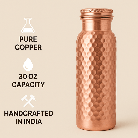 STORE INDYA Copper Water Bottle, 30 Oz, Hammered Ayurvedic Drinking Vessel with Leak-Proof Lid, Smooth Finish, Durable Stylish Design,