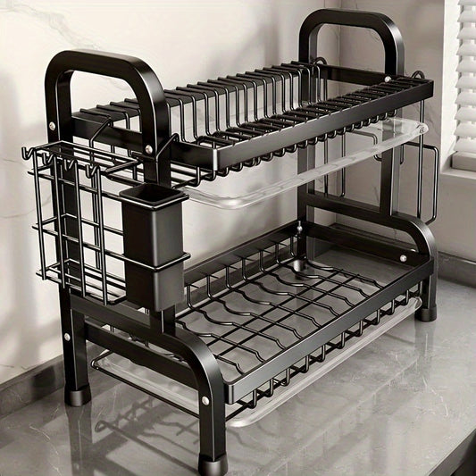 Space-Saving Dish Rack 2-Tier Stainless Steel Kitchen Dish Rack | Space-Saving Countertop Storage for Plates, Bowls, Cutlery & Utensils, Includes 2 Plates,